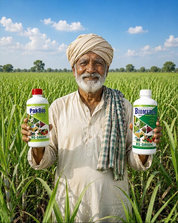 Pak Bio and BIOMEDIA biofertilizer bottles